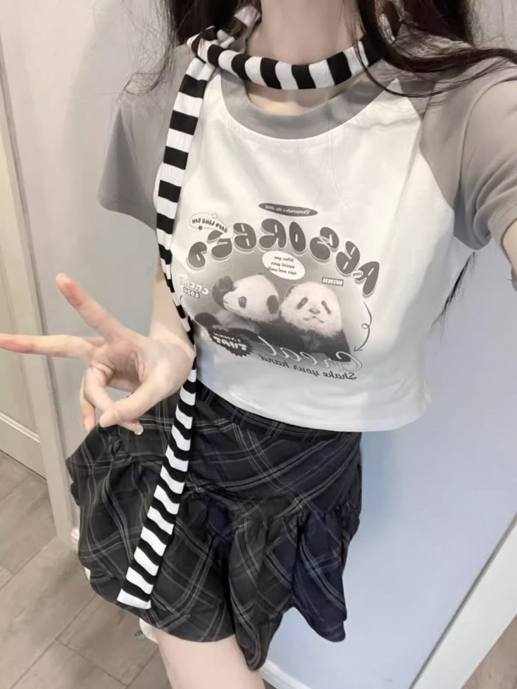White Gray Cute Panda Print Cropped Top