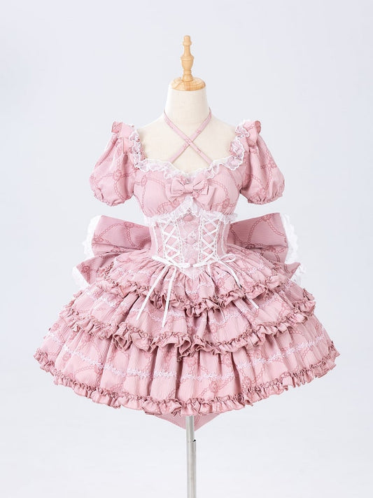 at Ruffle Big OP Corset Waist Skirt Bow Dress Princess Back Lolita with Pink