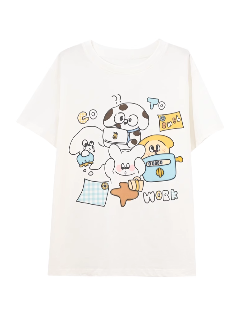Cotton T-shirt Adorable Animal Print White Round Neck Loose