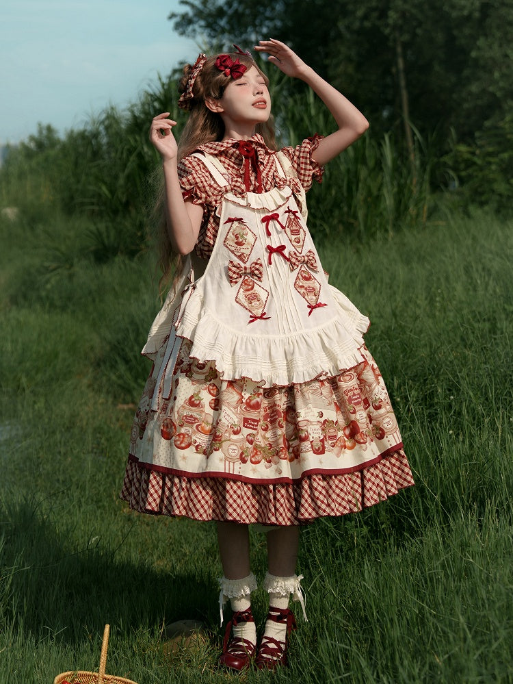Bluse Rot mit Kapuze Muster Kurze Lolita Ärmel Plaid