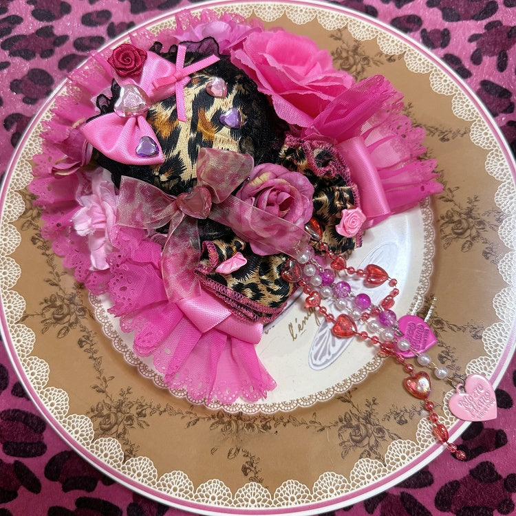 Hat Rhinestone Decorated Chain BlackPink Trim Beaded Floral Mini Leopard Pattern Lace Design