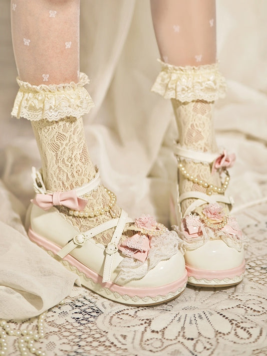 at Design Bow Trim White Chain Heart Platforms Beaded Buckle With Floral Top Detachable Lace