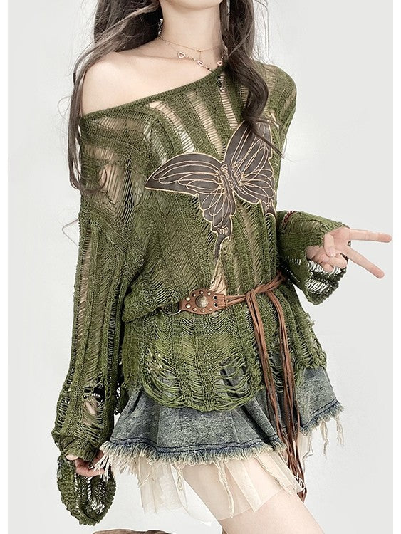 Knitted Protection Top Applique Sun Long Bittersweet Glamorous Sleeve Butterfly Green