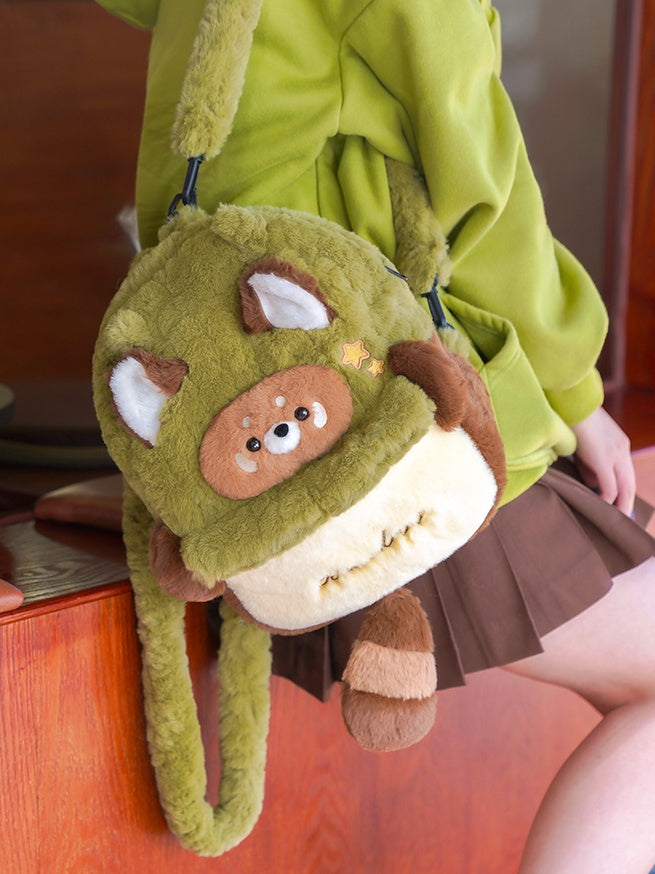 Green And Brown Cute Red Panda Plush Backpack