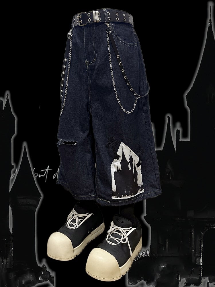 Shorts mit Kreuzapplikation, dunkelblau, Distressed-Löcher, weites Bein, Cargo, Y2K