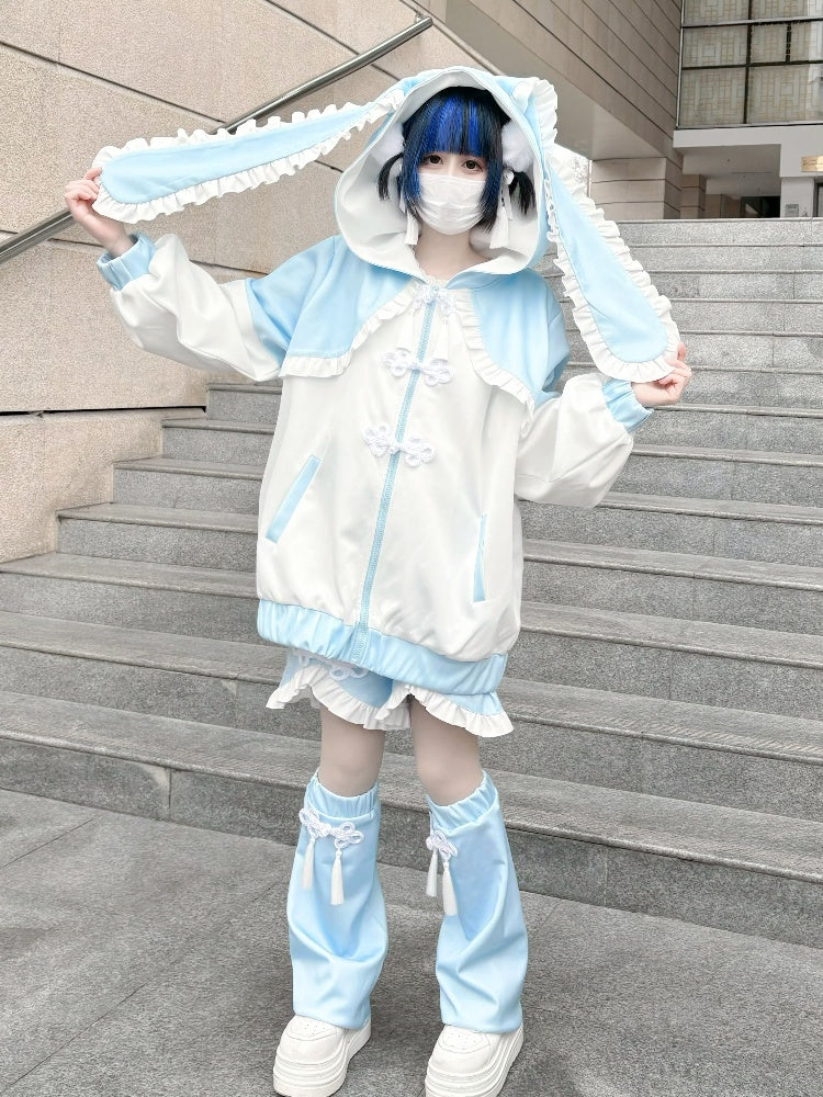 Tenshi Kaiwai Blaue Jirai Kei-Shorts mit Rüschenbesatz und Knotenknöpfen