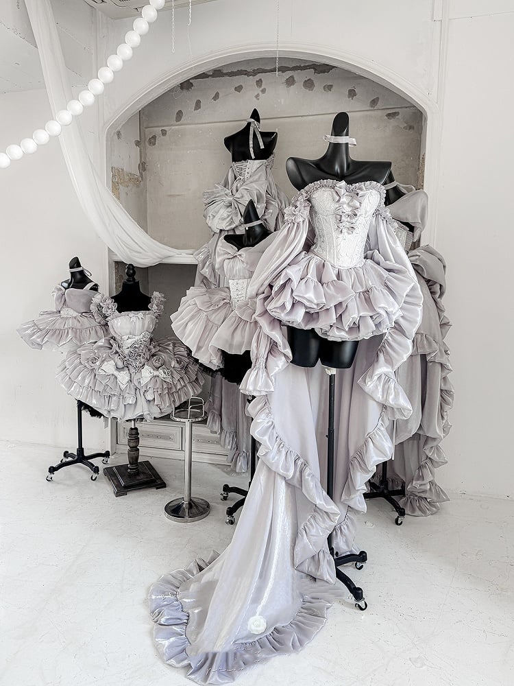 + Lace-up Balletcore Top Full Set Big Sleeves Skirt Train Bow Corset Silvery