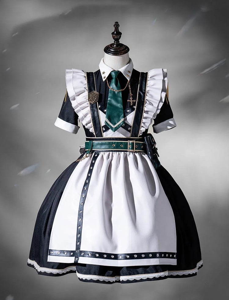 Dress Short Military Full Lolita Flutter Sleeves and Maid Apron Set Black