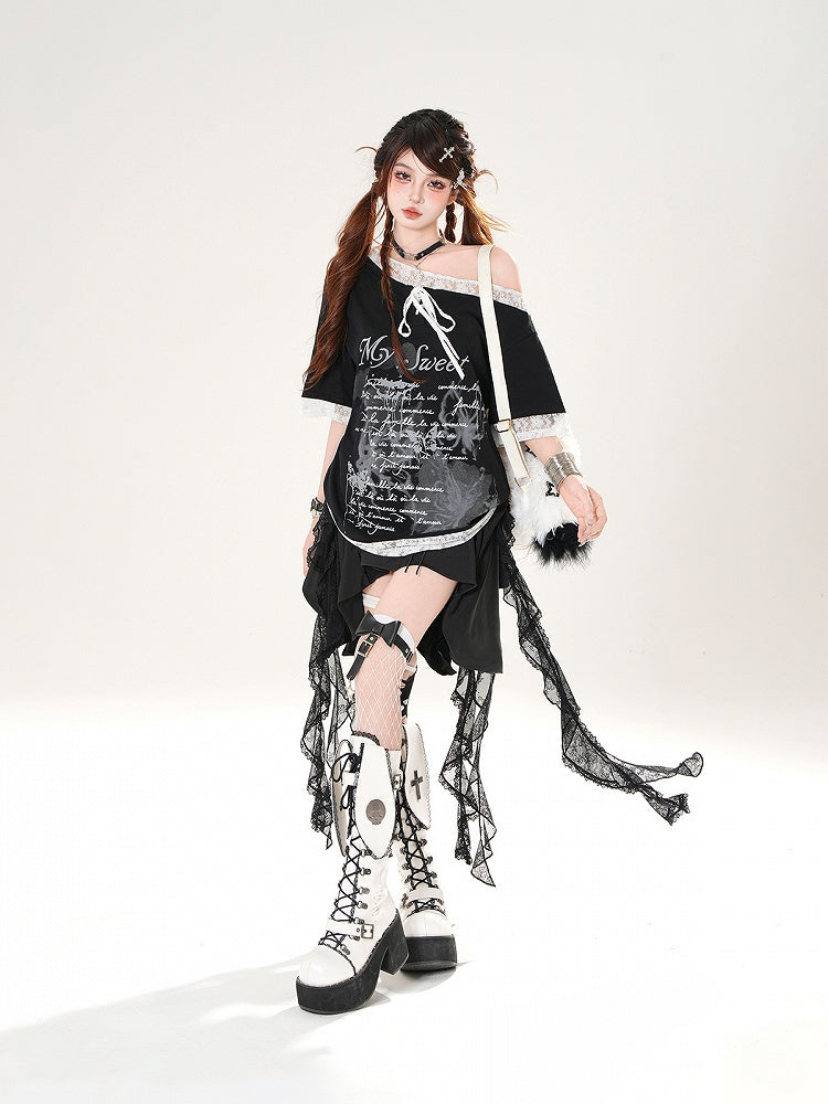 Loose Asymmetrical Neckline Lace Trim Butterfly Print Black/White T-shirt