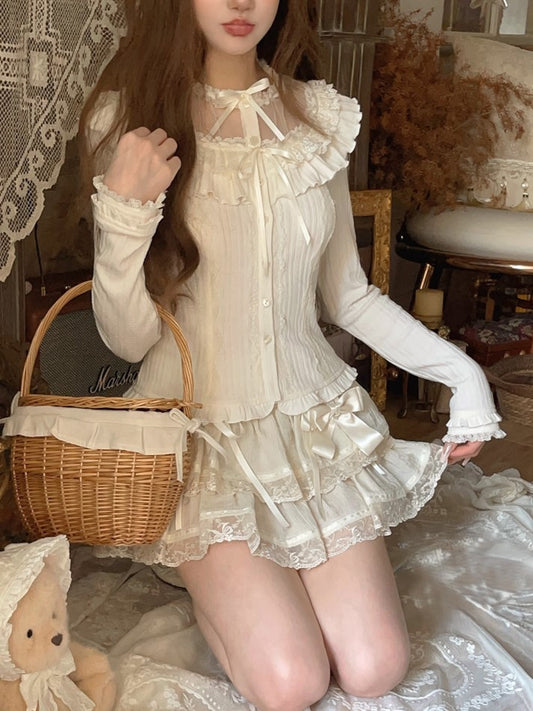 Vintage Knit Bow White Cardigan Ruffled Lace