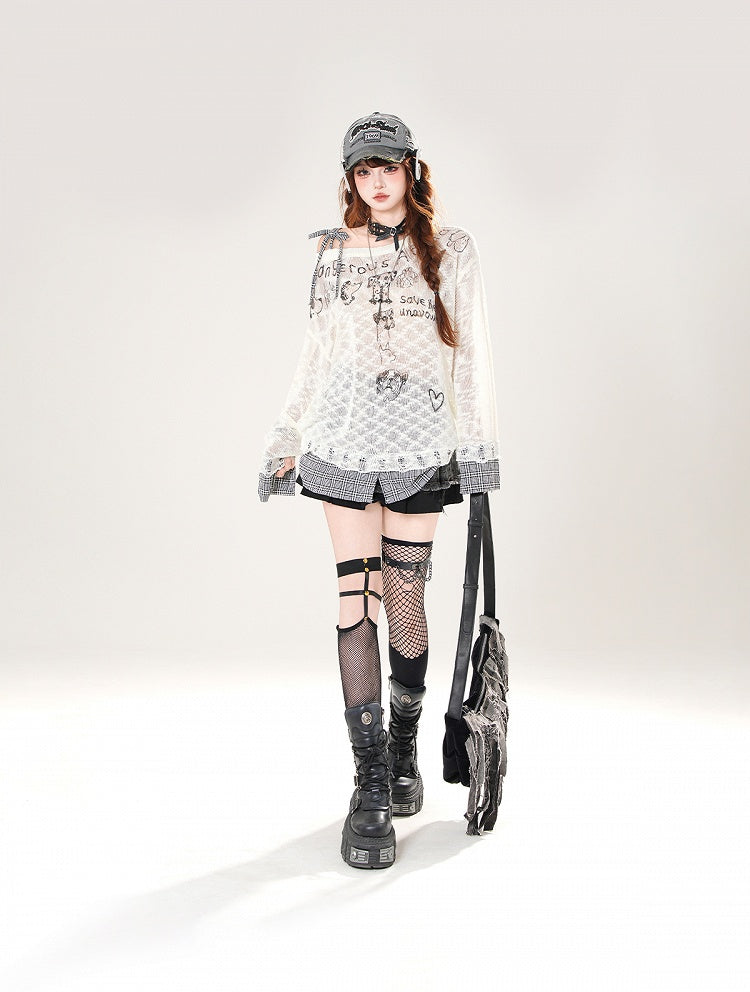 Asymmetrical Neckline Puppy Print Beige/Black Plaid Hem