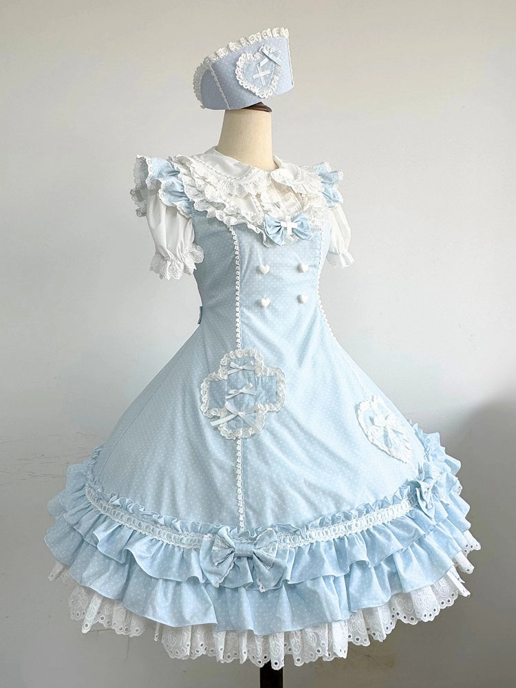 Layered Pattern Ruffle Nurse Hemline Blue Dress Polka-dot Lolita