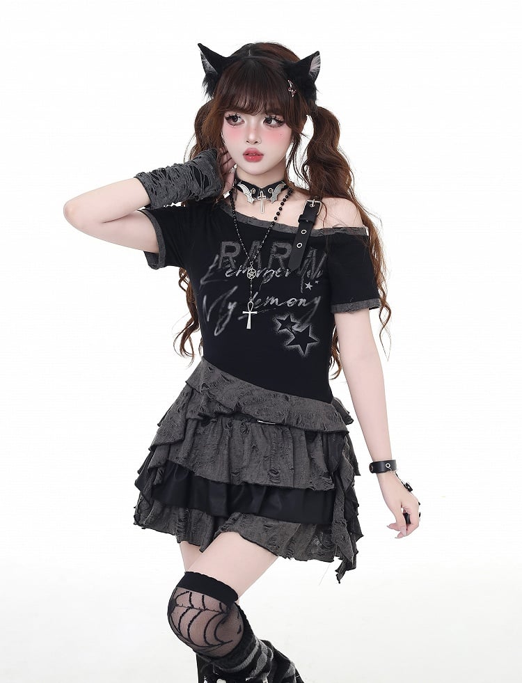 Black Asymmetrical Neckline and Buckle Hem Strap Distressed Holes Graphic T-Shirt