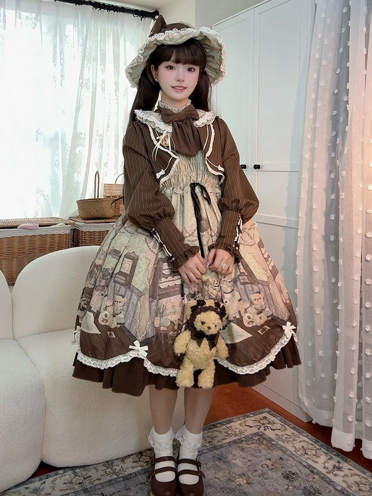 Print Lolita Two Teddy House Pieces Dress Coffee Design Long Green Sleeves Fake