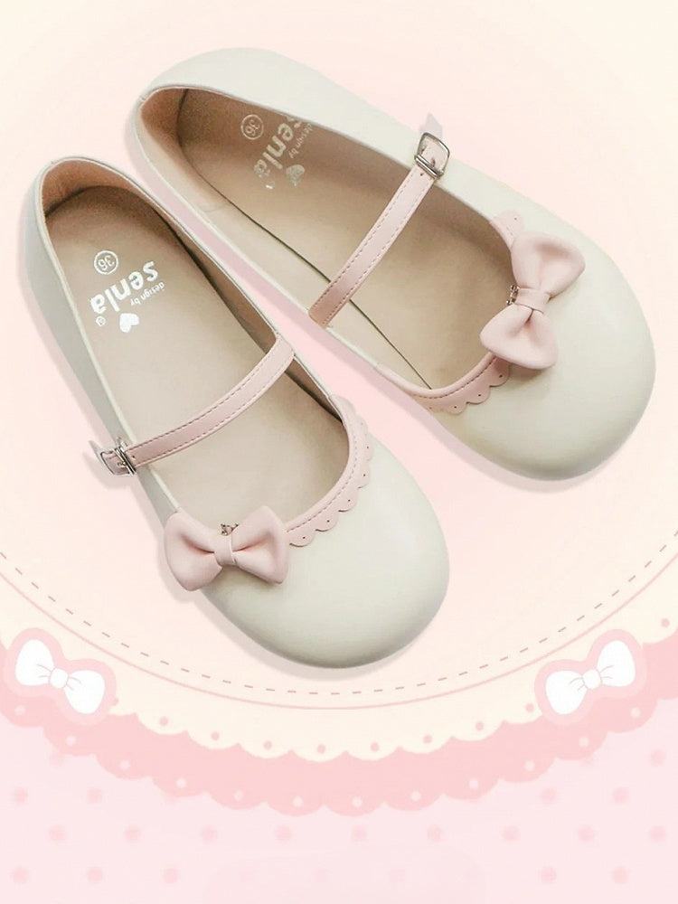 Schuhe Schleife Schnalle Kreis Lolita Beige Flach Rosa mit Spitze Rund Abnehmbar Süß