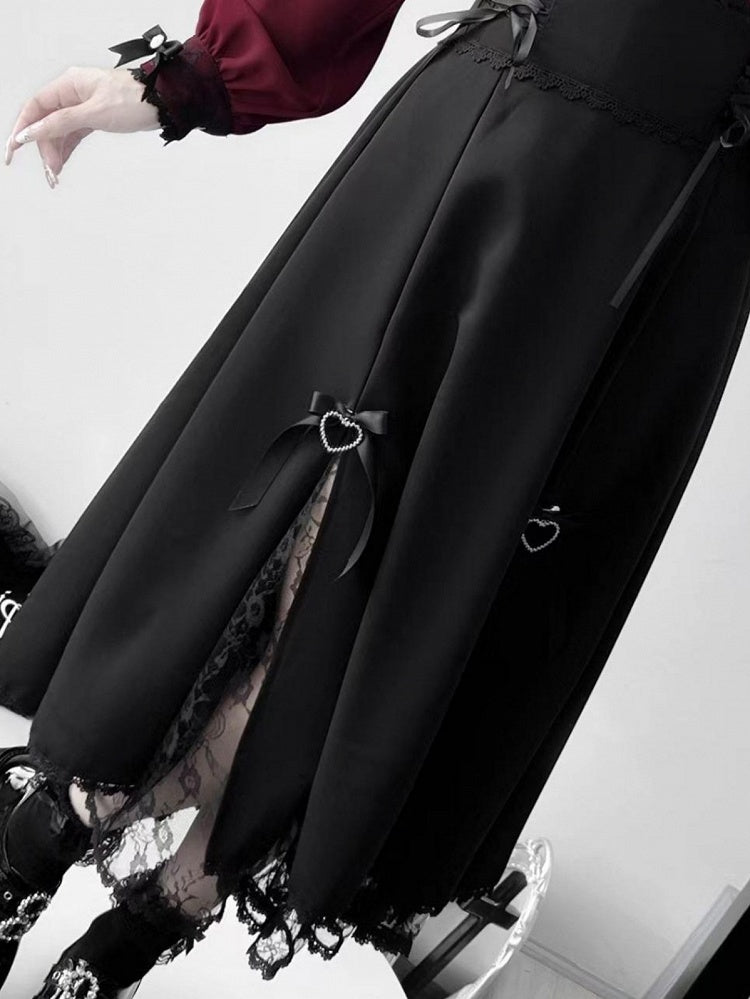 Trim Design Kei Skirt Jirai Black Lace-up Details Lace Slit Side