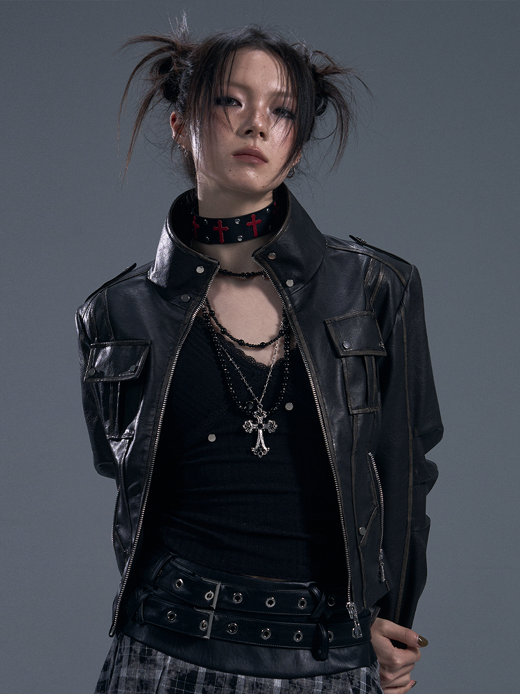 Black PU Vintage Punk Crop Jacket with Buckle Accents