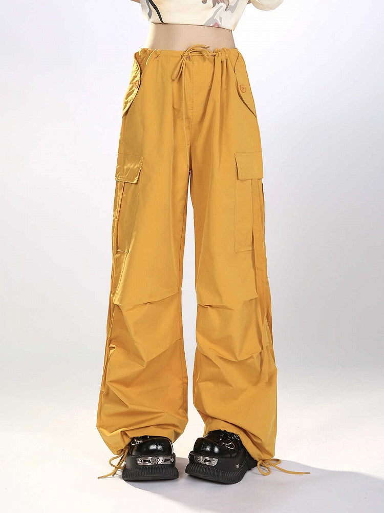 Yellow Cargo Wide-Leg Pants with Drawstring Accents Mustard