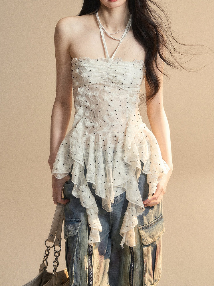 Flounce Hem White Glamorous Halter Neck Polka-dot Top Pattern Asymmetrical Strapless