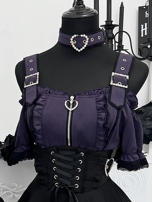 Lila mit kurzem Halsband, Jirai Kei, schulterfreier Ausschnitt, Landmine-Oberteil, ärmellos