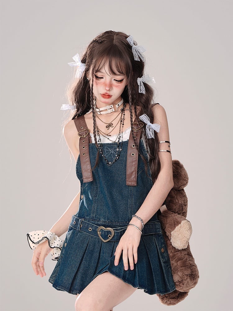 Pleat Skirt Bittersweet Blue Denim Overall Dress Box with Heart-Shaped Buckles