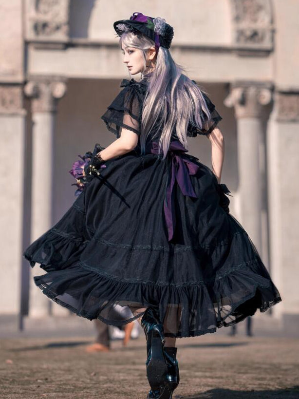Lolita Butterfly Belt Black Dress Waist Elegant Classic with Sleeves Illusion Neckline Purple Edward