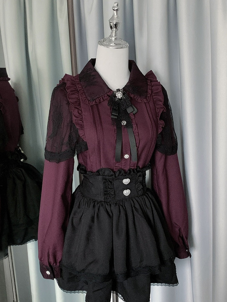 Pleating Outfit- Black Shirt Jirai Kei Skirt Red + Details Tiered