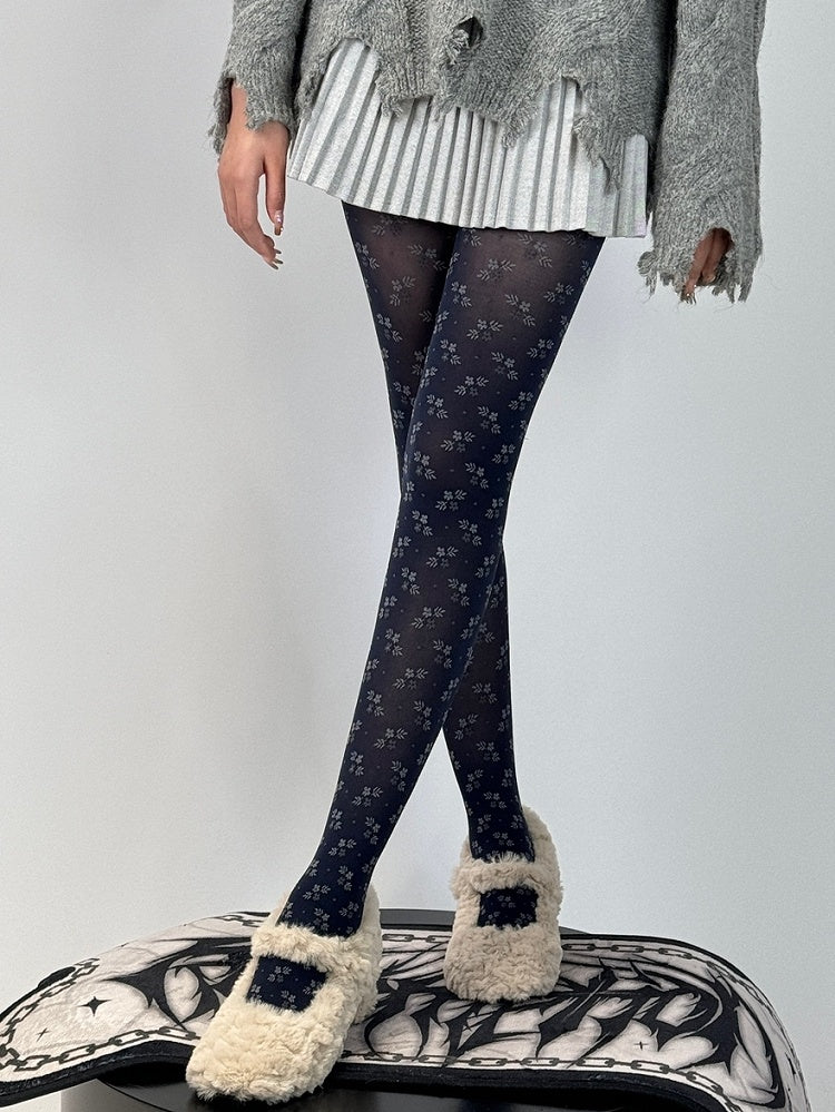 Dunkelblaue Strumpfhose mit Blumenmuster