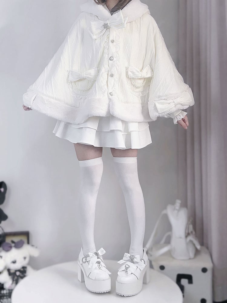 Hood Plush Cape Design Jirai Kei Beige Bunny Ears Bowknots Detachable