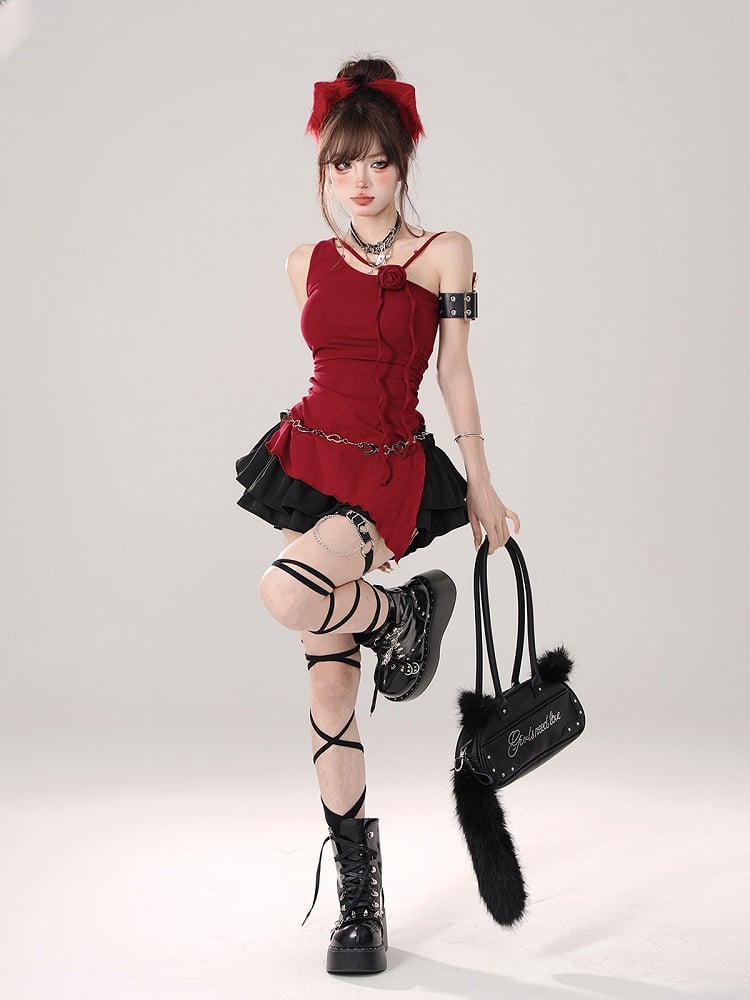 Asymmetrical Shoulder Sleeveless Top with Rose Accent Red