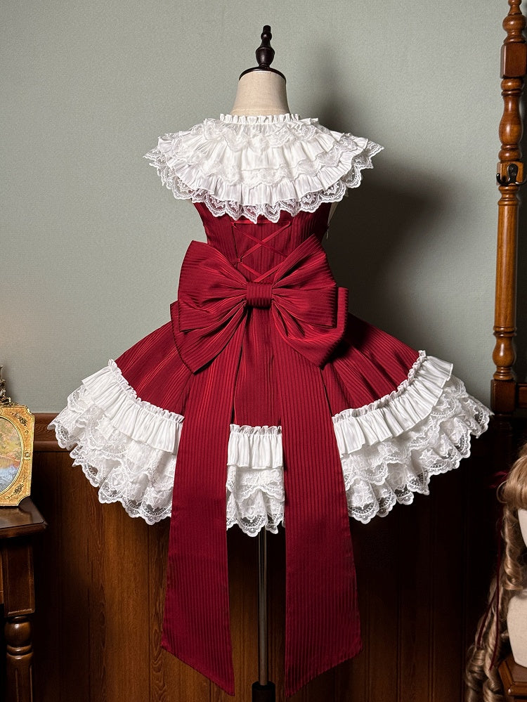 Slim Waist Dress Neck Sleeveless Lolita Ruffle Layered Sweet Fit Striped Fabric Red