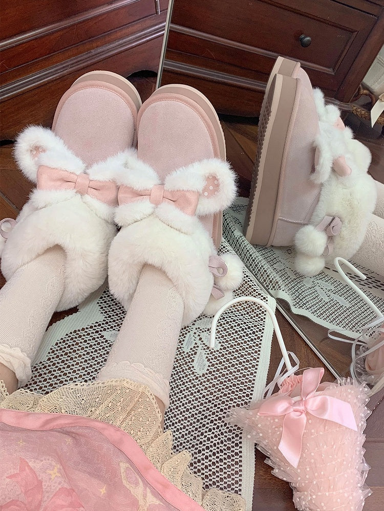 Sweet Winter Polka Boots - Platform Ears Rabbit Plush Lolita Pink Dot