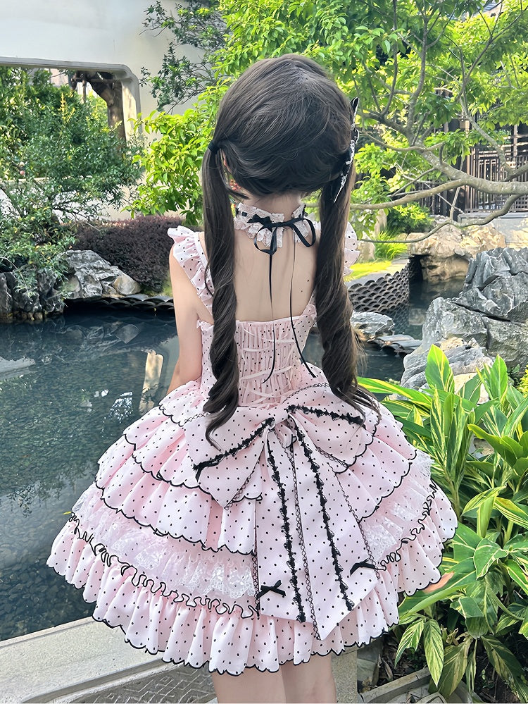 Ärmeln Stäbchen Abnehmbare Süße Taille Kleid mit Retro Polka Dots Lolita Rosa Puff