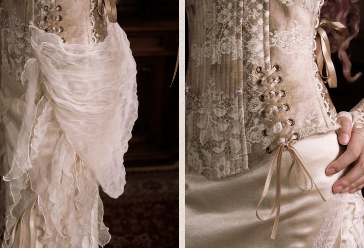 Neck Rococo Top Accents Cascading Detachable Illusion Ruffle Halter Corset with Lace
