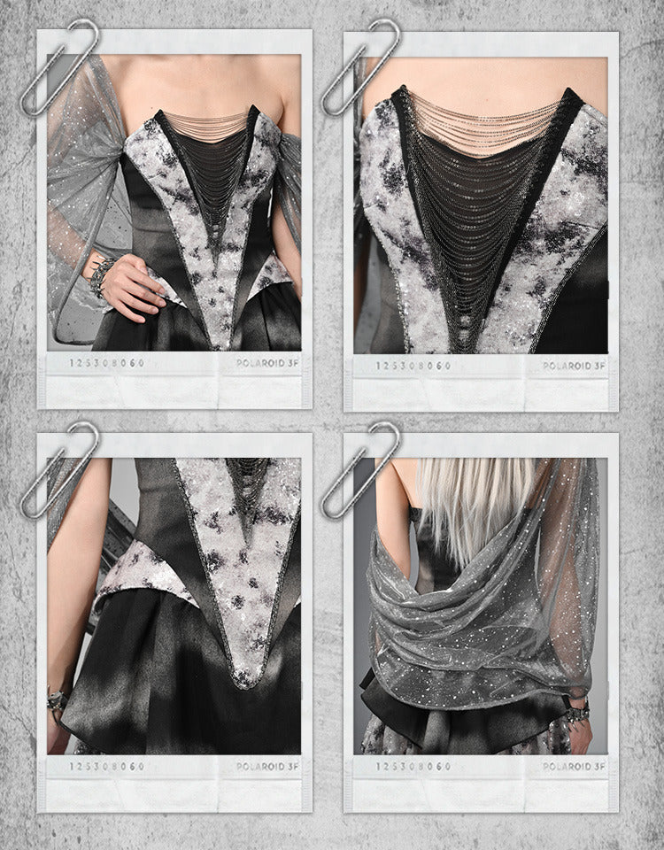 Futuristic Black Basque Waist Metal Y3K Hooded Dress Handkerchief Hem Chains Cyberpunk Fashion Front