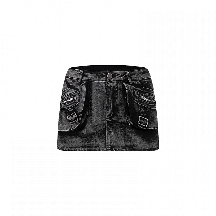 Waist Faded Wash Distressed Design Denim Skirt Bodycon Black Low Mini