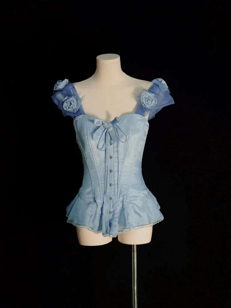 Boned Corset Top with Detachable Floral Adornments Hem Flounce Blue Sky