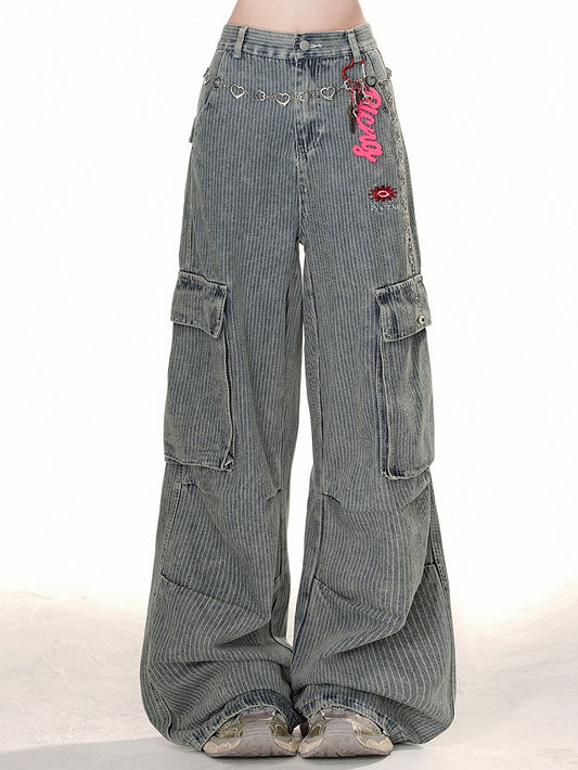 Blue Cargo Pockets Design Relaxed-fit Corduroy Wide-Leg Pants