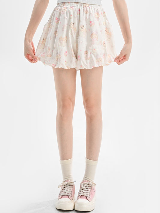 Beige Elastic Bubble Shorts Print Allover Kitty Waist