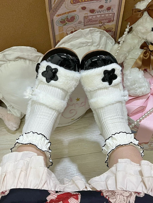 Fleece-Dekor, schwarzes Futter – Riemen, Stern, süße Plüschschuhe, flach