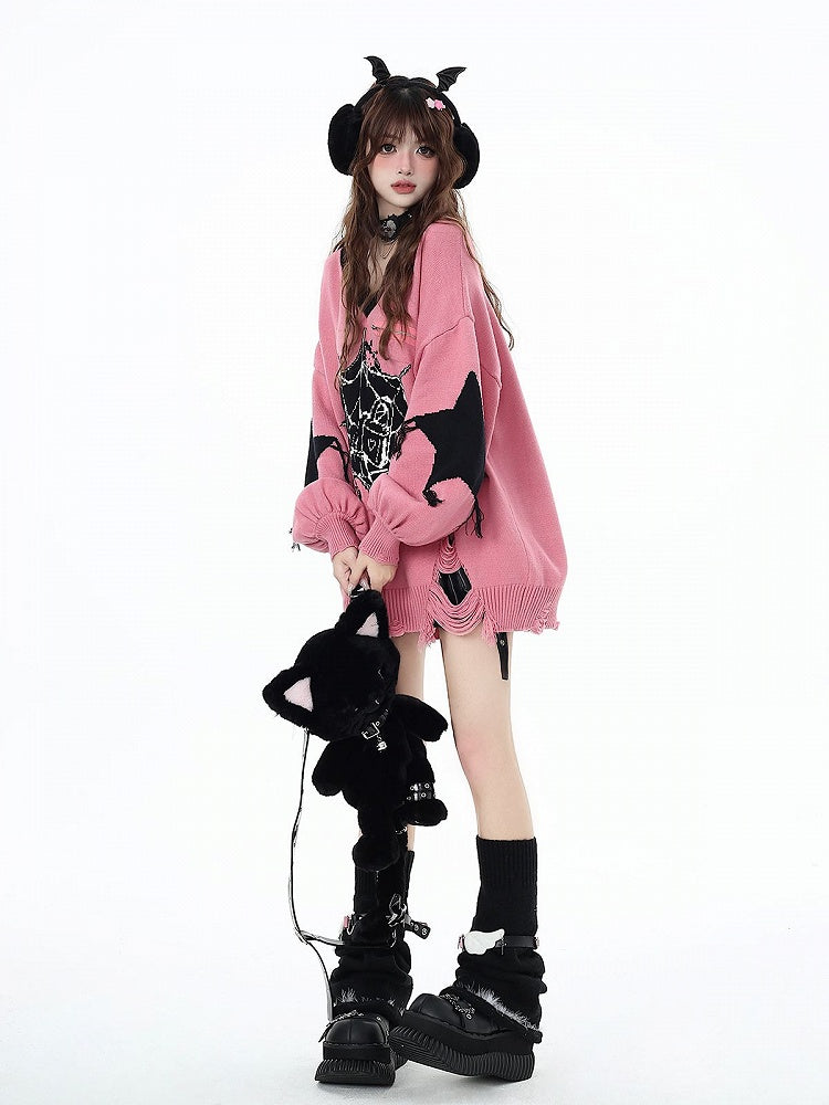 Web Spider Holes Pattern Sweater Hem Distressed Pink
