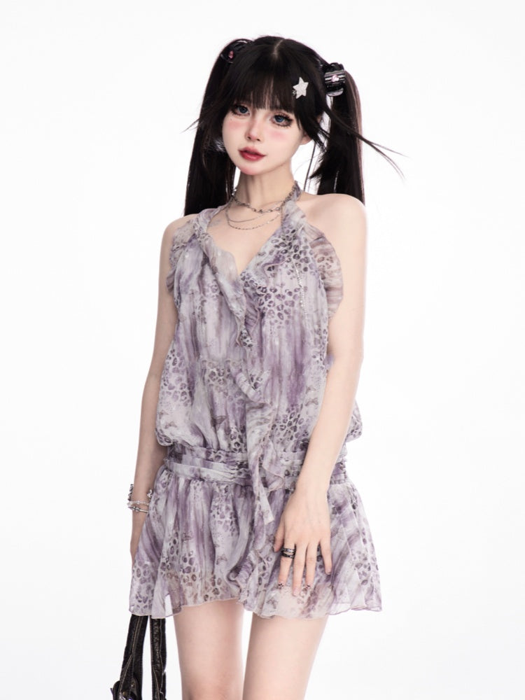 Lavendelfarbenes Leopardenmuster Gyaru Fashion Neckholder-Kleid aus Chiffon mit kaskadierenden Rüschen und rückenfreiem Schnitt