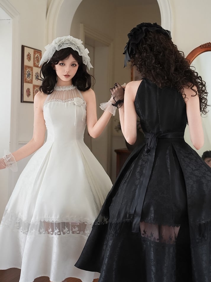 Lace Jacquard Illusion All Rosette Halter Neck White Prom Dress Panels Fabric