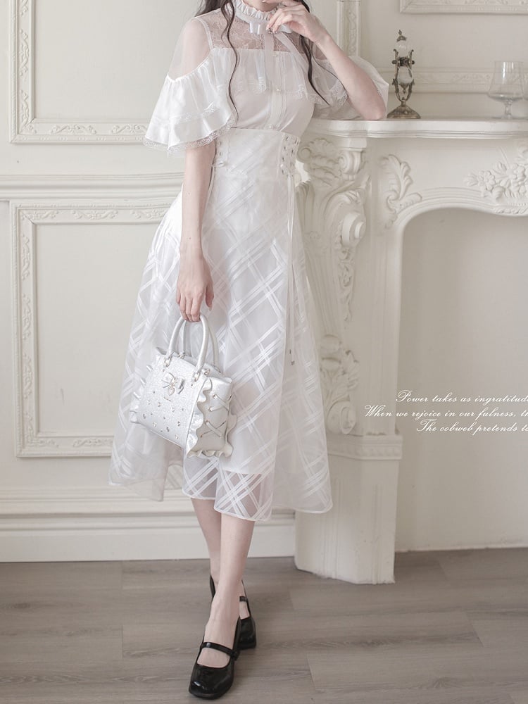 Innocent White Clean Cape Design Top Aesthetic Illusion Neckline and Trim Lace with