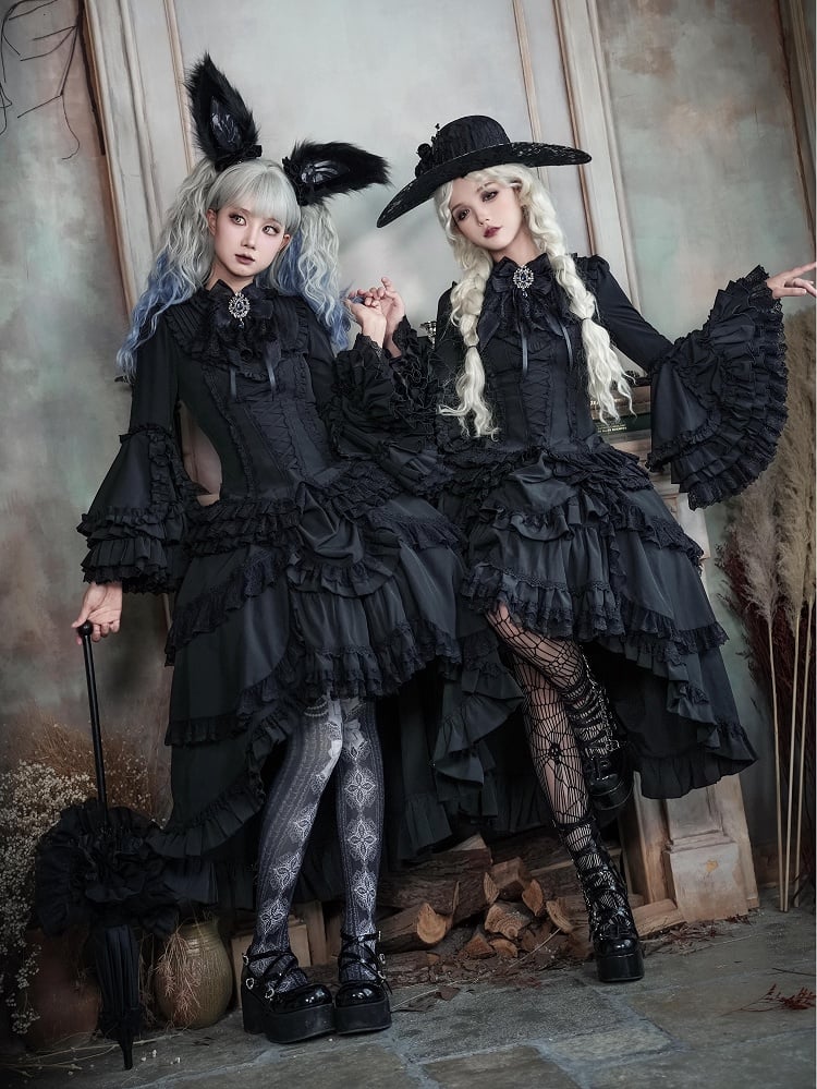 Schwarzes Lolita-Hemd mit Ärmeln, geschichtet, wunderschöne Glocke, ganz lang, Gothic Kuro