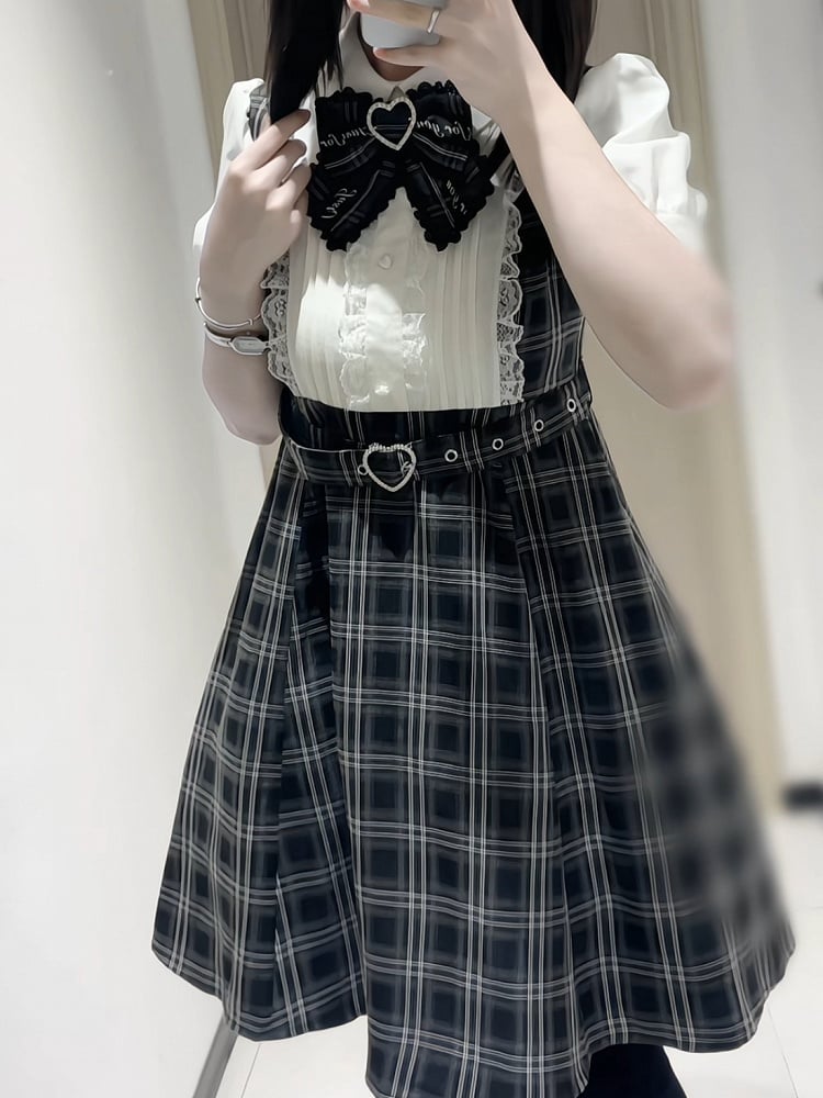 Bow Dress Two-Piece Detachable Kei Heart Plaid Black Belt Jirai Tie Design with Buckle Faux