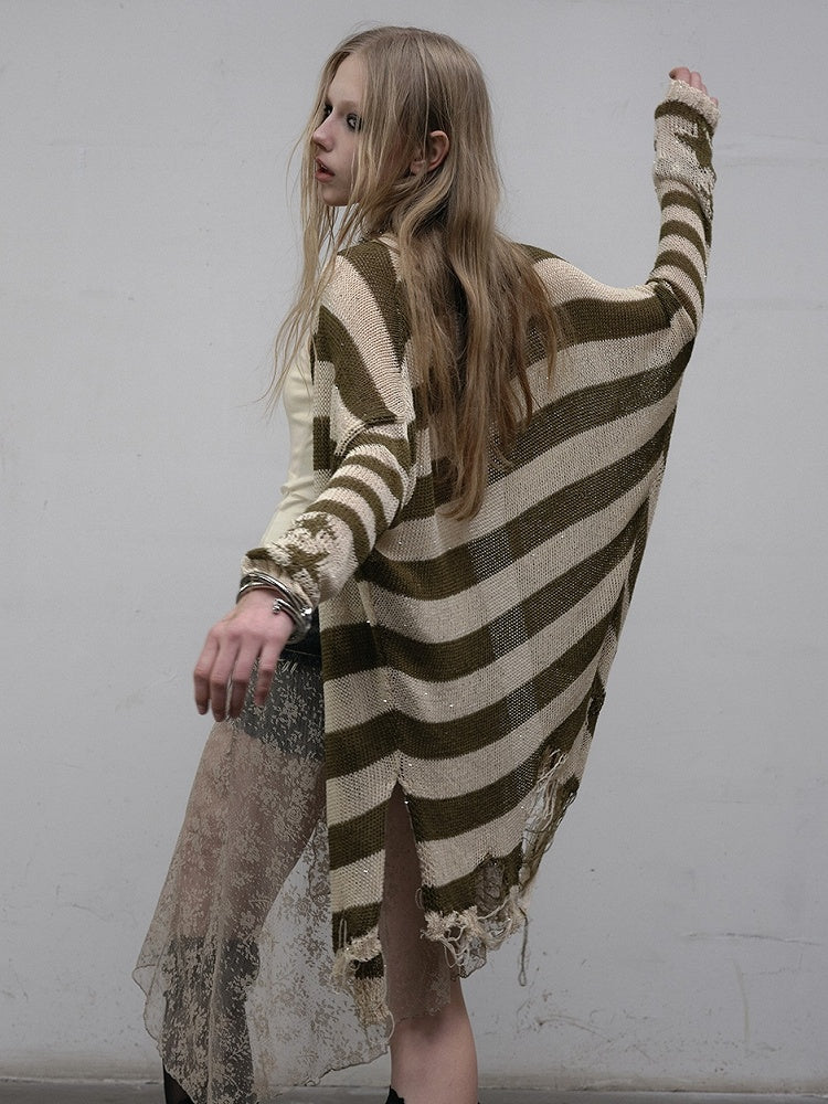 Pattern Striped Punk Cardigan Wasteland Green