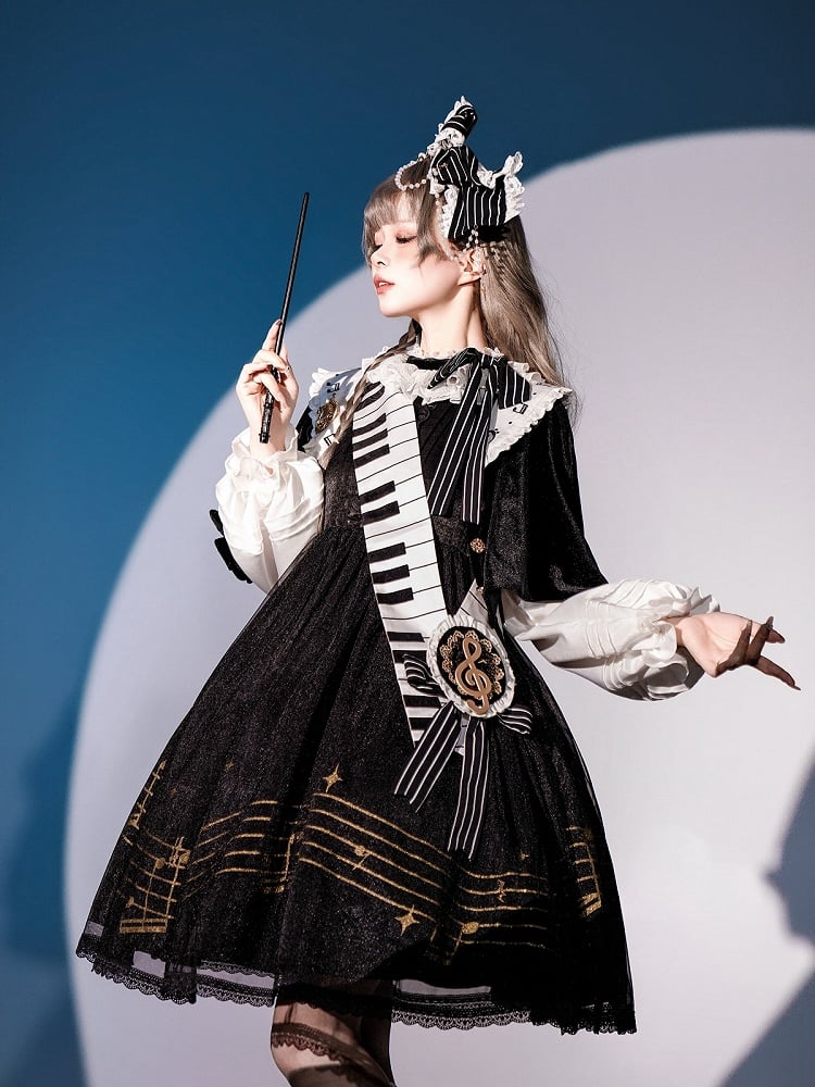 音符プリントの白黒長袖ロリータOPフルセット