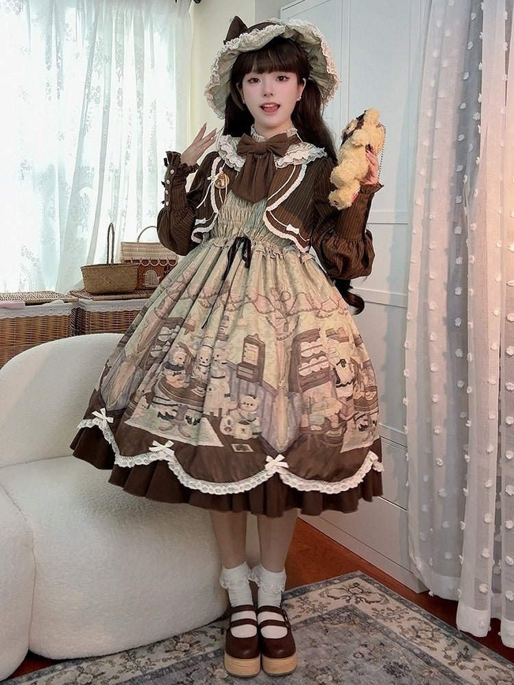 Print Lolita Two Teddy House Pieces Dress Coffee Design Long Green Sleeves Fake