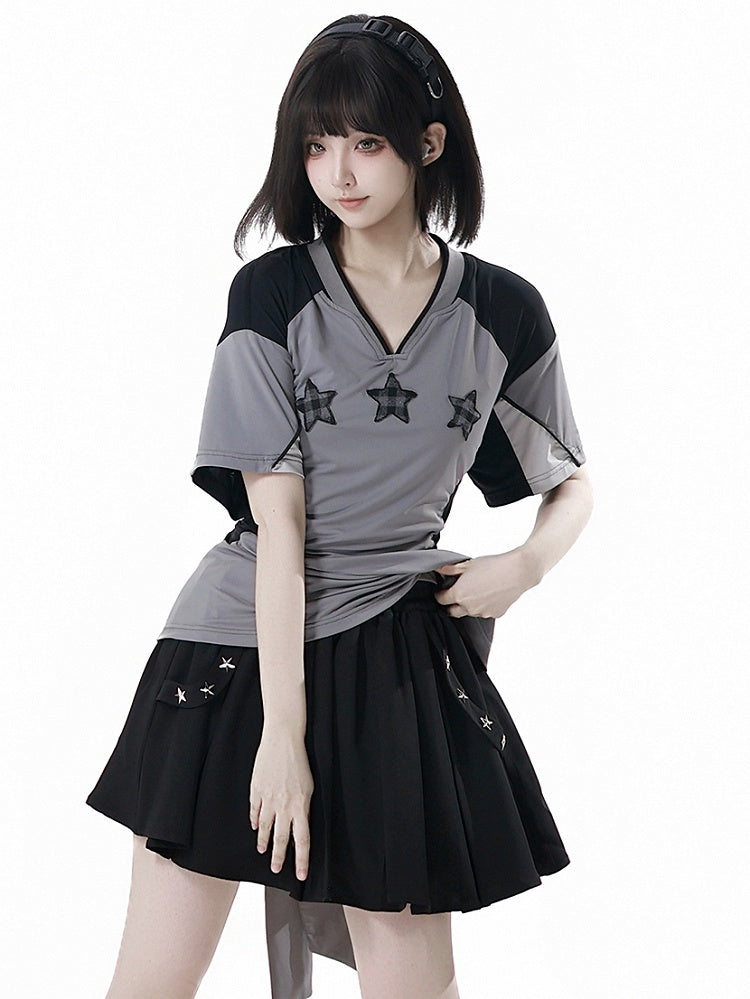 T-shirt Star Appliques V-neck Sports Colorblock Design Plaid Black/Gray